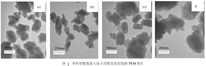 图1 不同分散剂加入量下改性氢氧化铝的TEM图片