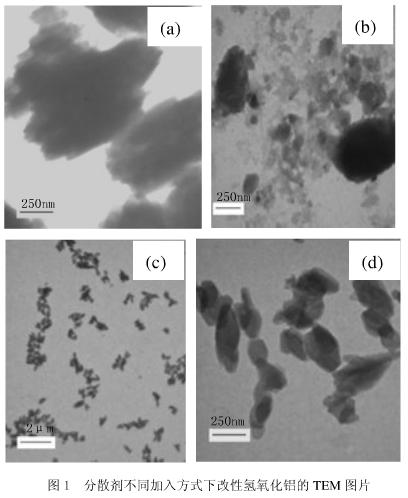 图1 分散剂不同加入方式下改性氢氧化铝的TEM图片